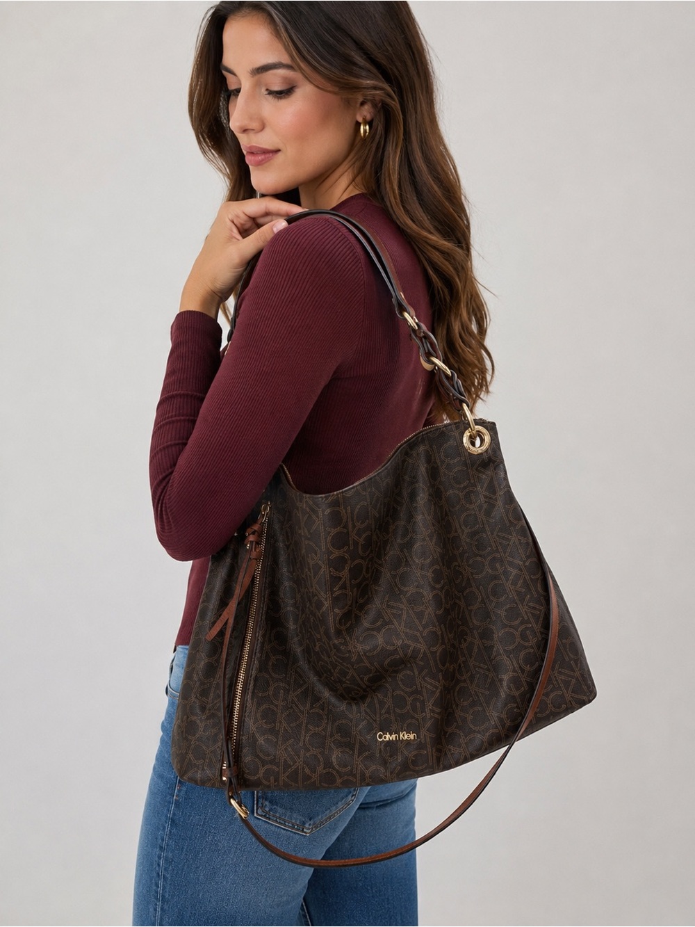 Calvin Klein Dark Brown Monogram Shoulder Bag with Leather Trim